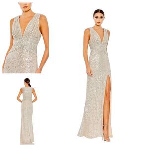New MAC DUGGAL 26598 Nude Sequim V-Neck Wrap Waist Gown Women's (16)--$398